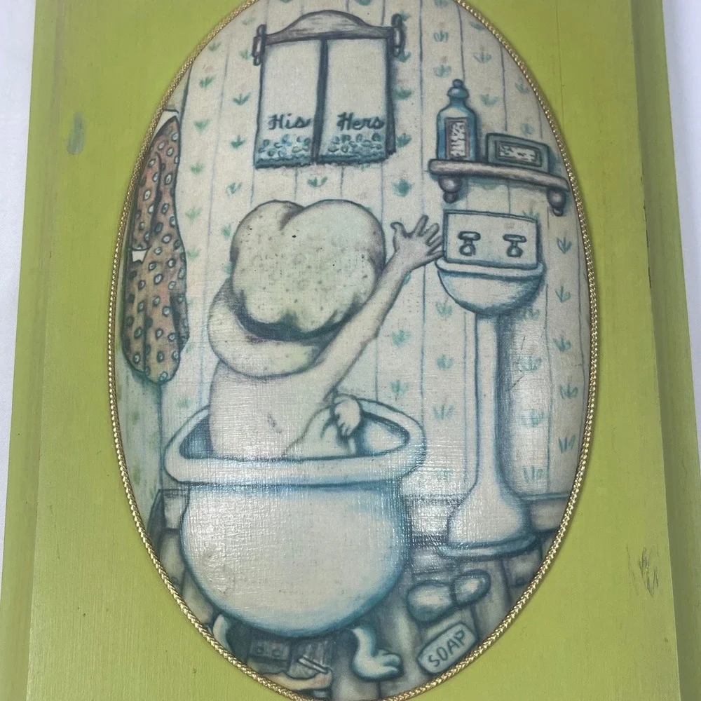 Vintage Handmade Decoupage Wood Bathroom Wall Art Set Convex Chartreuse 8.5x6.25